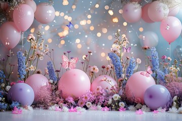 Backdrop for butterfly theme birthday party, lots of balloons and butterflies and twinkle lights and flowers in pink purple and white, border with lots and lots of balloons. Generative AI.