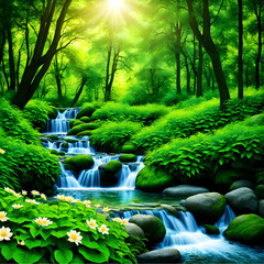 waterfall in the forest, nature background