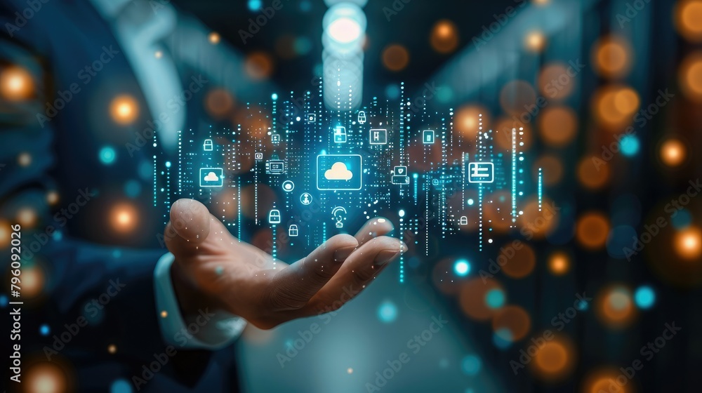 Aufkleber businessman hand-holding database management icons with efficiency, security, and network connection