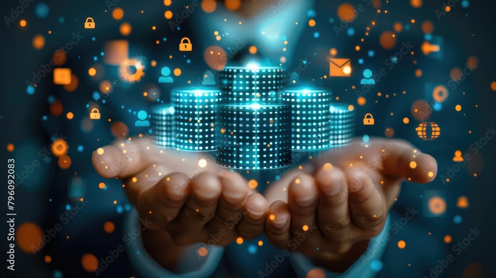 Aufkleber Businessman hand-holding database management icons with efficiency, security, and network connection. Strategically navigating the growth of data-driven decisions. Generative AI.