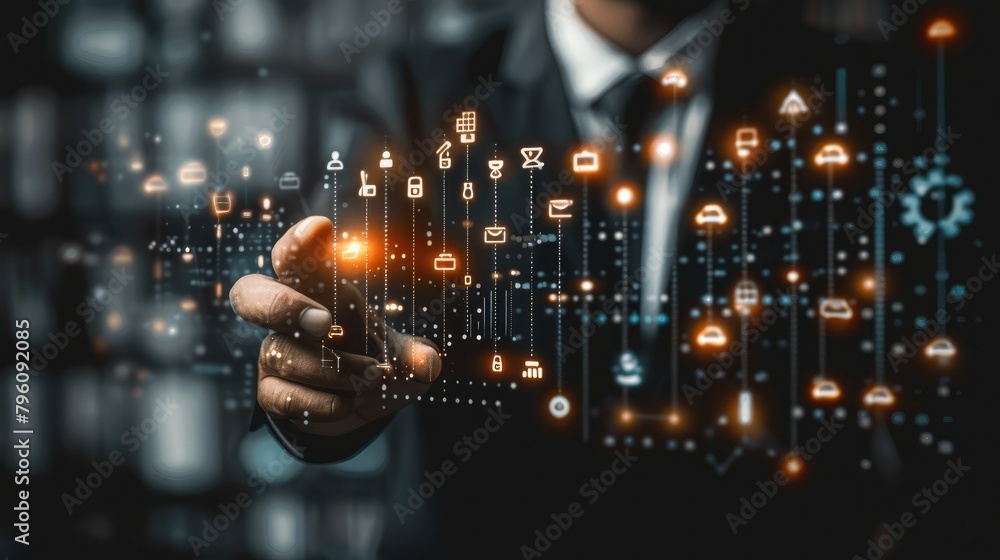 Aufkleber Businessman hand-holding database management icons with efficiency, security, and network connection. Strategically navigating the growth of data-driven decisions. Generative AI.