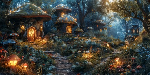 Meandering meadow brook lined with whimsical toadstool houses and fairy pixie villages - obrazy, fototapety, plakaty