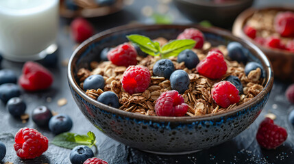 Sweet morning balance: granola with strawberries and blueberries. 