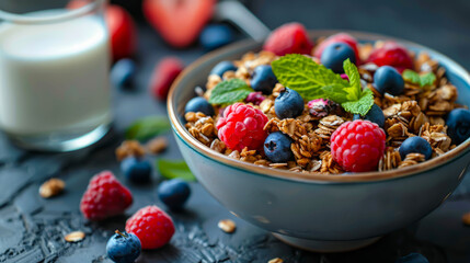 Sweet morning balance: granola with strawberries and blueberries. 