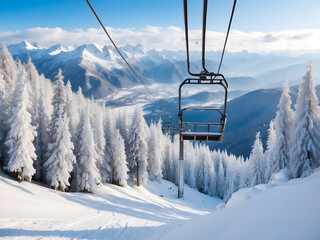 Empty the ski lift cabin over the snow-capped mountain and forest—ski or skiing background. It is a beautiful natural landscape. Panorama view. Winter vacation, resort - obrazy, fototapety, plakaty