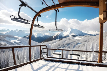 Empty the ski lift cabin over the snow-capped mountain and forest—ski or skiing background. It is a beautiful natural landscape. Panorama view. Winter vacation, resort - obrazy, fototapety, plakaty