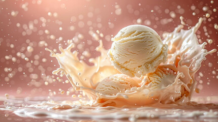 Creamy vanilla ice cream balls, splash. 