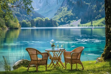 Fototapeta premium a table by the riverbank with a beautiful landscape