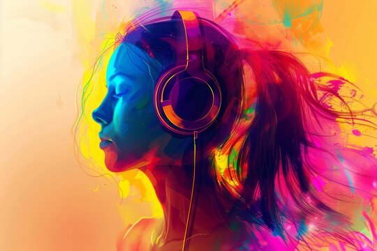 Creative music background. Colorful head wearing headphones on bright background. Sound inspiration and emotions