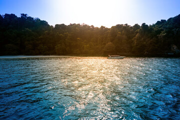 Scenic view of a tranquil sea with a solitary boat against a forested coastline at sunset