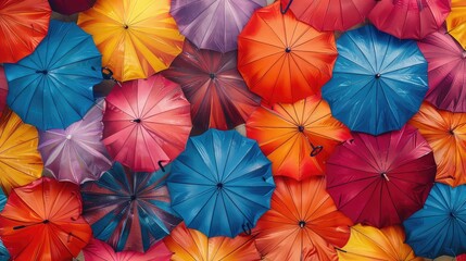 Photo pattern background of evenly, spaced umbrellas in various vibrant colours