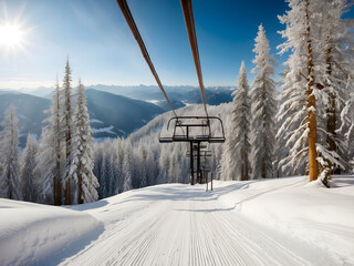 Empty the ski lift cabin over the snow-capped mountain and forest—ski or skiing background. It is a beautiful natural landscape. Panorama view. Winter vacation, resort - obrazy, fototapety, plakaty