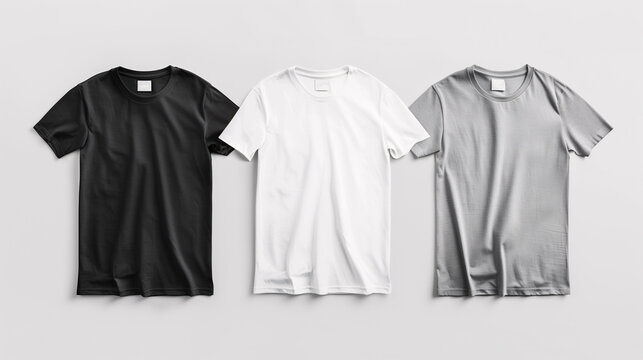 Mockup of clothes collections for an advertisement, poster, or promotion. Three basic white, grey, and black t-shirt are displayed on a plain white background.