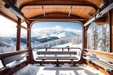 Empty the ski lift cabin over the snow-capped mountain and forest—ski or skiing background. It is a beautiful natural landscape. Panorama view. Winter vacation, resort - obrazy, fototapety, plakaty