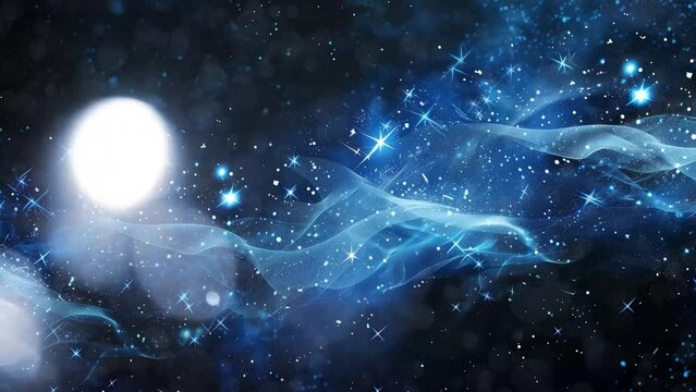 beautiful festive magical sparkling bllue star trail particle on dark background. seamless looping overlay 4k virtual video animation background