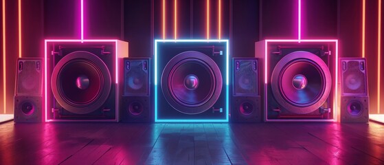 3d rendering of Loudspeakers with neon lights. Music party concept.