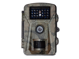 Trail camera isolated on white background. Photo and video trap. Animal monitoring device with...