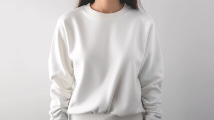 Mockup of clothes worn by a model. Close up of full upper body part from hip to neck on plain background. A woman wearing a basic white sweater on a plain light grey background.