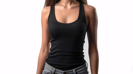 Mockup of clothes worn by a model. Close up of full upper body part from hip to neck on plain background. A woman wearing a basic black tank top on a plain white background.