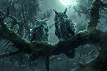 Majestic Owls in Moonlit Forest Majestic owls perched on moss-covered branches in a moonlit forest their piercing eyes gleaming in the darkness as they keep watch over - obrazy, fototapety, plakaty