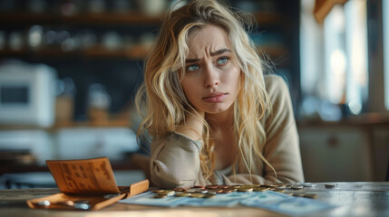 A woman with blonde hair, upset that there is no money, sitting at a table, an empty open wallet and few coins on the table. Generative AI.