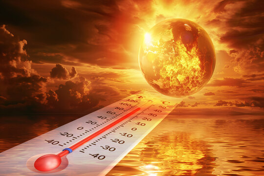 Thermometer fiery illustration of Earth's rising temperature, concept of global warming climate change