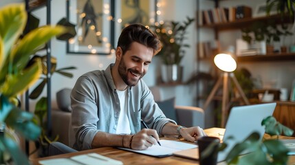 A smiling young man is working on a laptop at a desk