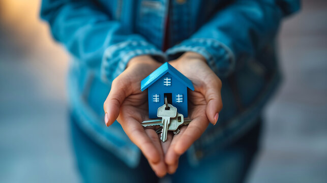 mortgage, real estate and property concept - close up of hands holding house model and home keys