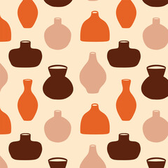 Seamless pattern with ceramic vases. Pattern with pottery vases in boho style. Vector illustration.