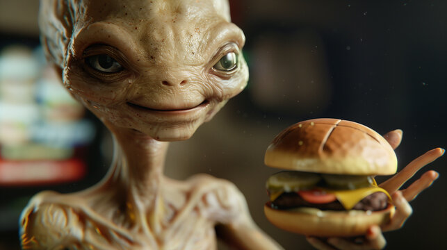 An ultrarealistic depiction of an alien smiling while holding a delicious hamburger. The alien's intricate features and expression convey a sense of joy and satisfaction as it enjoys the earthly food