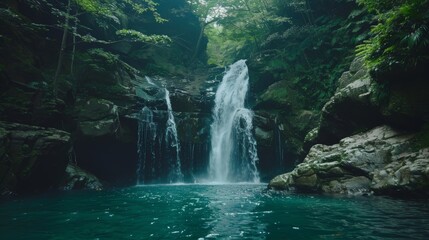 Fototapeta premium A large waterfall cascades down through lush green forest, surrounded by towering trees and rocky cliffs. The water plunges into a pool below, creating mist and roar.