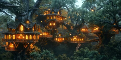 Naklejka premium Enchanted forest glade with frolicking critters, mushroom houses, and twinkling firefly lanterns 