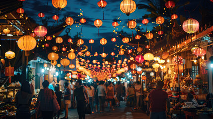 Fireworks night market, bustling and colorful, neon glow, food stalls, crowds of people, traditional lanterns, vibrant atmosphere. Generative AI. - obrazy, fototapety, plakaty