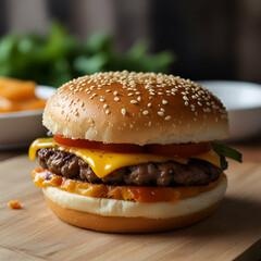 hamburger on a plate - obrazy, fototapety, plakaty