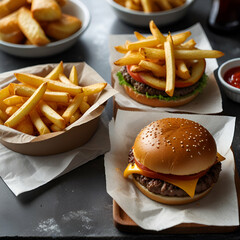 hamburger and fries - obrazy, fototapety, plakaty