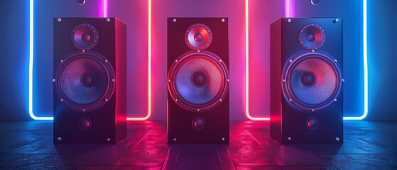 3d rendering of Loudspeakers with neon lights. Music party concept.