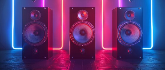 3d rendering of Loudspeakers with neon lights. Music party concept.