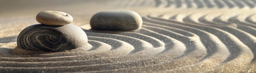 A close up of a zen garden with rocks and sand.