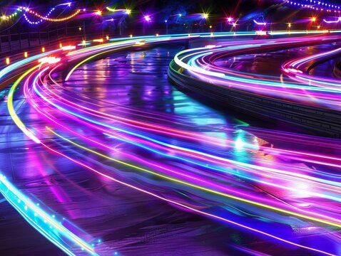 A photo of a high speed go-kart track with streaks of colored light from the go-karts.