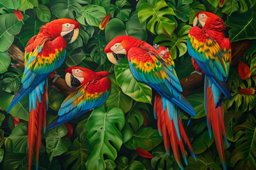 Colorful Macaws in Rainforest Canopy Vibrant macaws perched amidst lush green foliage in a rainforest canopy their brilliant plumage and playful antics 