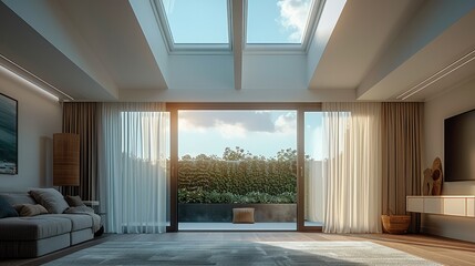 A contemporary apartment setting. The skylight open window should allow natural light to filter into the room, casting soft shadows and illuminating the interior. Generative AI.
