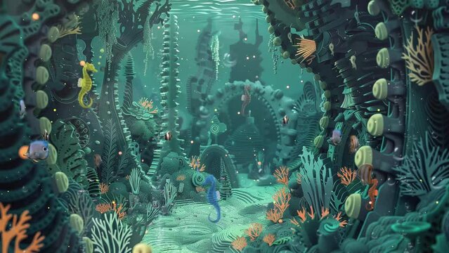 beautiful seascape in paper cut style. dive into a mesmerizing paper cut underwater. seamless looping overlay 4k virtual video animation background