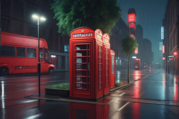 Rainy City Night. A red telephone box in an ultra lit city.