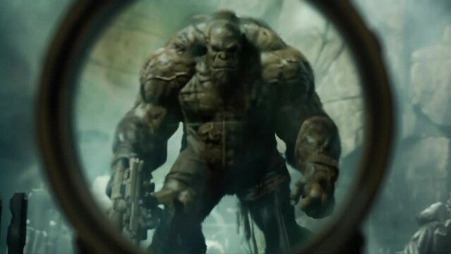 A menacing, giant creature carrying a weapon is targeted in the crosshairs of a sniper scope, creating a sense of tension and danger.
