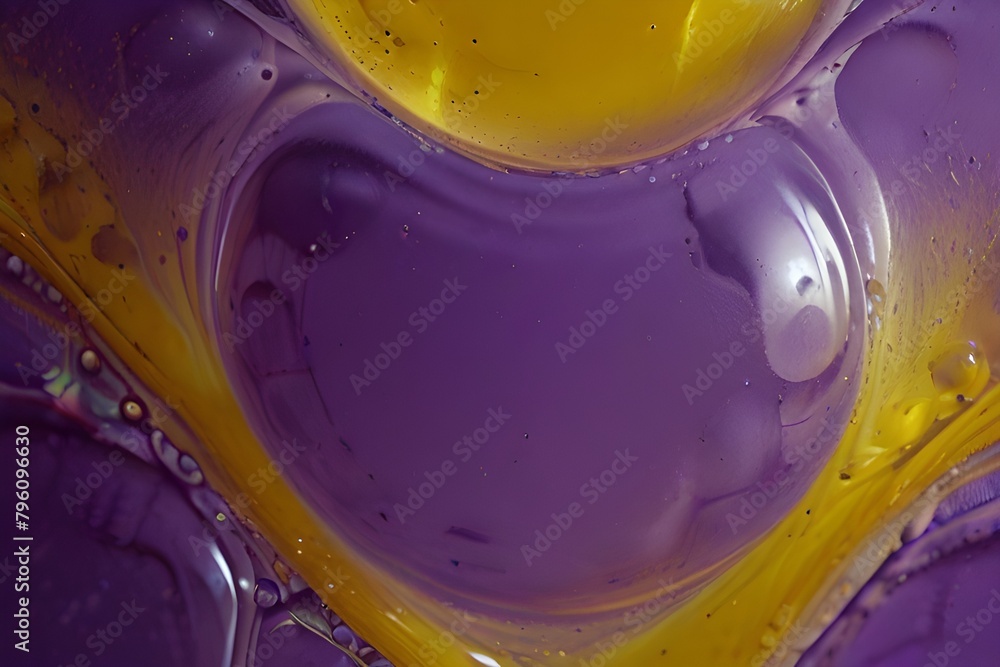 Poster purple and yellow soap bubbles in paint create an abstract design suitable for a colorful background