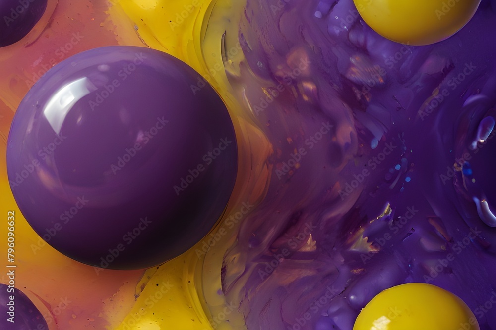 Poster purple and yellow soap bubbles in paint create an abstract design suitable for a colorful background