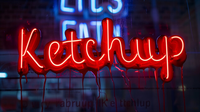 The word "Ketchup" creatively written in rich, red ketchup on a dark screen, creating a striking contrast. The glossy texture of the ketchup adds depth to the lettering, making it stand out 