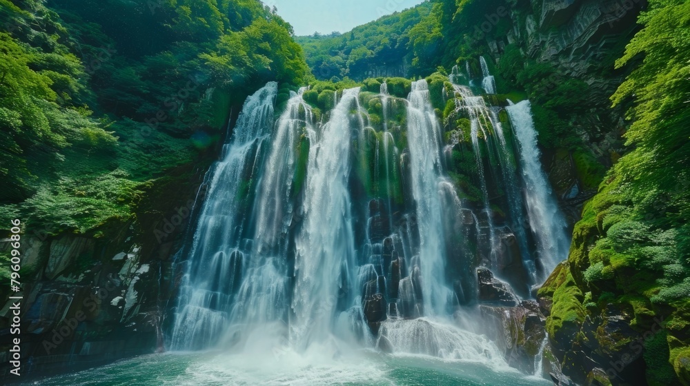 Poster a large waterfall cascades down rocky cliffs in the heart of a lush forest. the rushing water create