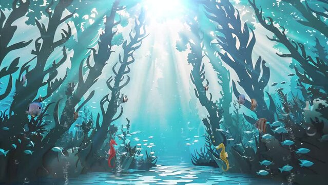 beautiful underwater forest paper cut template with towering. seamless looping overlay 4k virtual video animation background