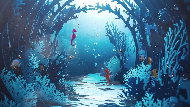 underwater tunnel paper cut template with arching. seamless looping overlay 4k virtual video animation background